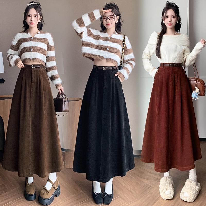 Fashionable and Comfortable Long Velvet Skirt for Women with High Waist and Pleated Design