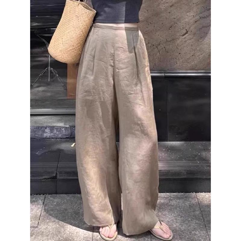 Women s High-Waisted Cotton Linen Wide-Leg Pants - Brown, Summer 2025 Fashion L