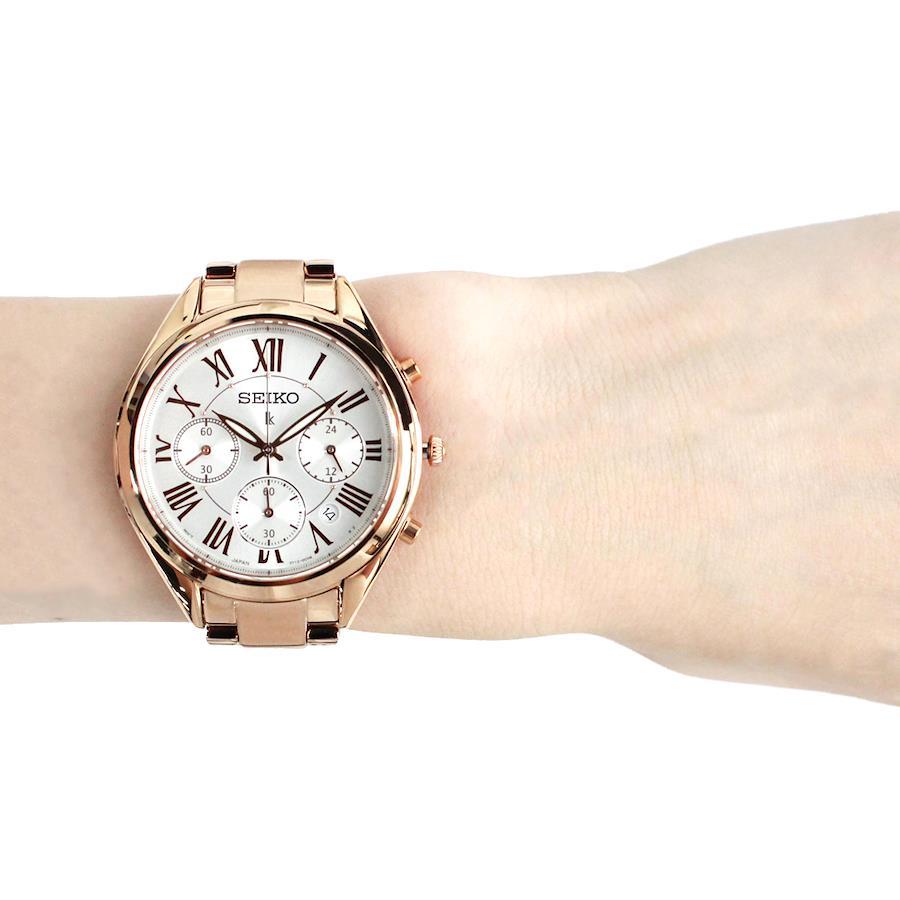 SEIKO SRWZ14P1 SRWZ14P LUKIA Chronograph Lumi Bright Date Elegance White Pink Gold Stainless Wrist Watch For Women