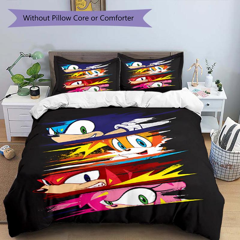Set cuvertură de pilota 3 buc (1 * Husă de pilota + 2 * Față de pernă, Fără Miez), Set de așternut cu Imprimeu Sonic, Decor Dormitor, Pentru Toate Sezoanele, Cadou de Ziua de Naștere