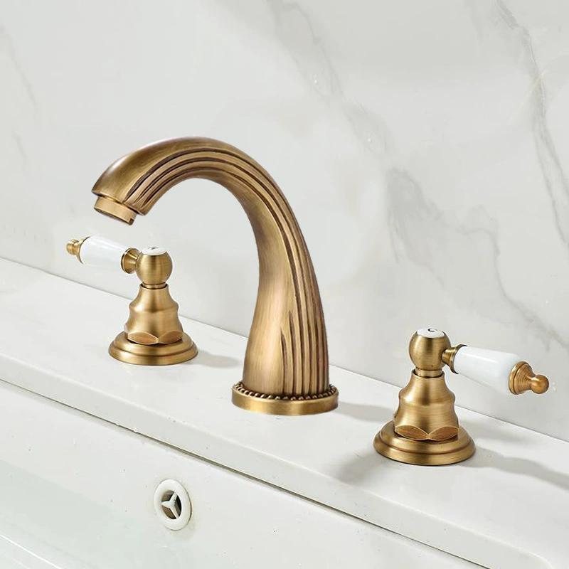 Tuqiu Gold Bathroom Faucet Widespread Sink Tap Brass Antique Basin Faucet Black Lavotory Faucet 3 Hole Hot & Cold Water Tap