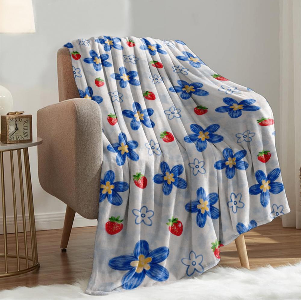1PC Blanket Strawberry Cute blue flowers Flannel Thin blankets for Home Car Naps Camping Festival Perfect gifts four season use