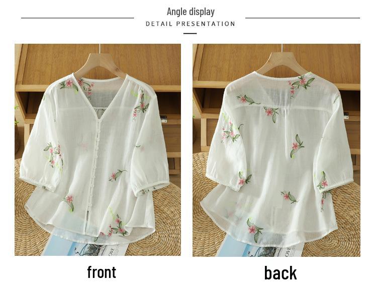 Summer 2025 Women’s V-Neck Chinese Embroidery Shirt: Retro, Loose, Slimming Design