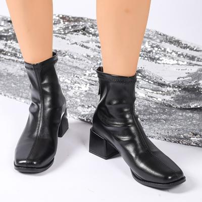 Bottines Skinny à Talons Carrés Automne Nouveau Bout Carré Épissées Fermeture Éclair Arrière Antidérapantes Résistantes à l'Usure Bottines Courtes Cuisse