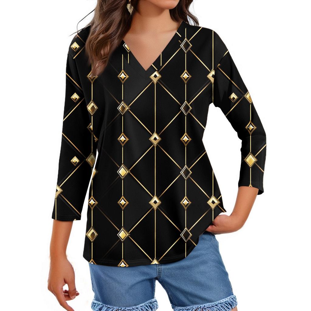 Women's Tops Three-quarter Sleeve Shirt V-neck Loose Casual Shirt Textured Printed T-shirt