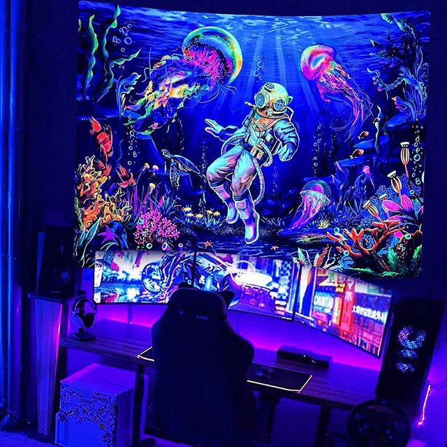 

УФ-флуоресцентный гобелен с черным светом под морем, гобелен в стиле хиппи, спальня, готический домашний декор, эстетическое украшение комнаты, декор в стиле бохо 95x73cm