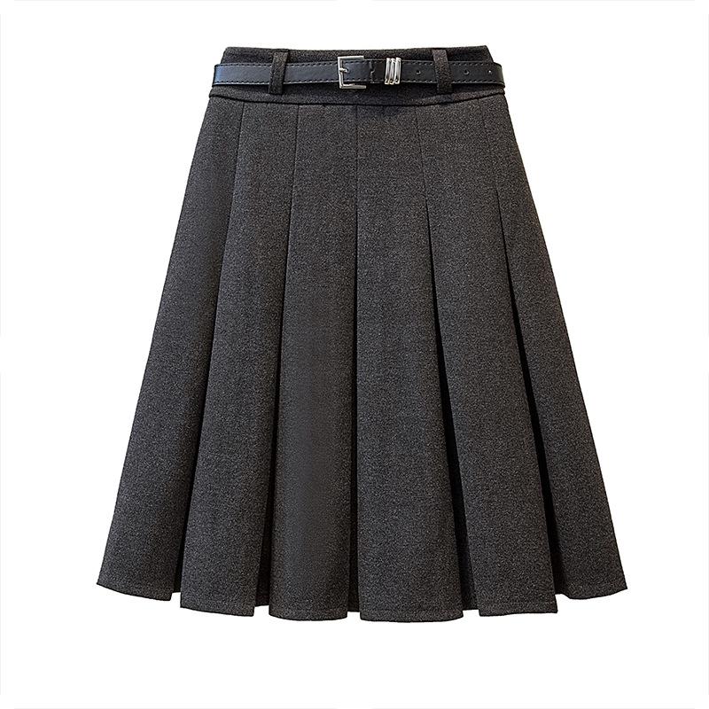 2026 Petite Plus Size Wool Pleated Midi Skirt - High Waist, Versatile School Style with Belt