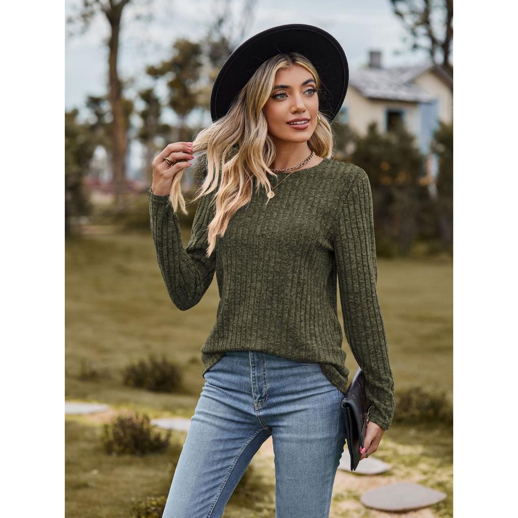 GMXIA Autumn Women's Round Neck Frosted Pit Strip Solid Color Top Long Sleeve T-shirt