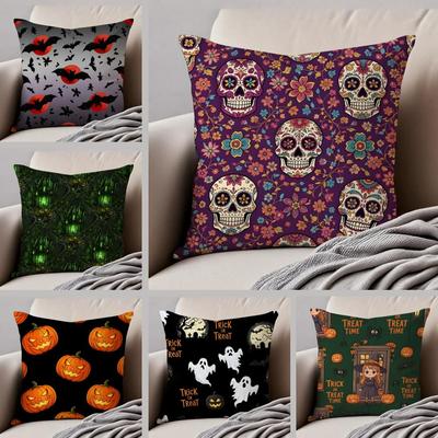 Classic Spooky Fun Art Halloween Elements Cushion Cover Throw Pillow Cover Hidden Button Durable Polyester Chair Cushion