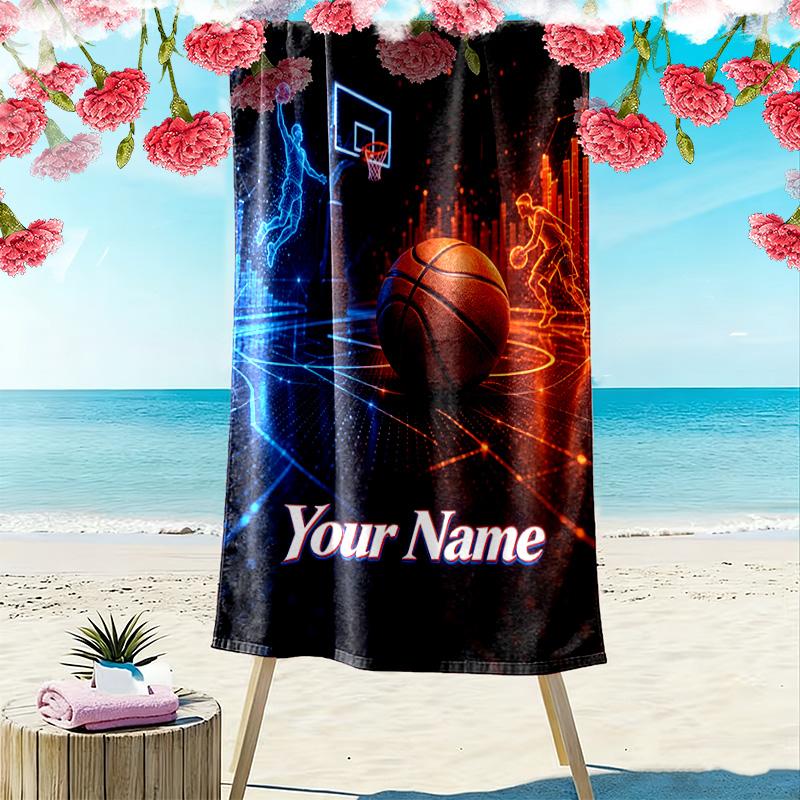 Name Custom Basketball Art Print Beach Towel, Large Soft Quick Dry Towel for Beach Camping Swimming