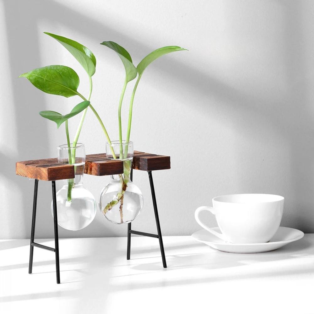 Wooden Frame Hydroponic Planter with Glass Bulb Transparent Container Flower Arrangement Desktop Decoration Home Office