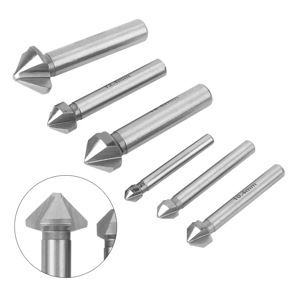 6pcs Chamfer Cutter Round Shank 3 Edged 90 Degree High‑Speed Steel Countersink Drill Bit Set