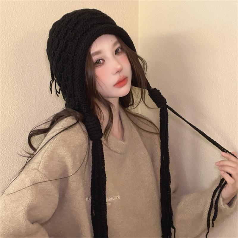 Handmade Fringed Braids Hat Y2K Sweet Girl Warm Beanie Hat InsStyle Bonnet Winter Autumn Skull Hat Pullover Earflap Hat