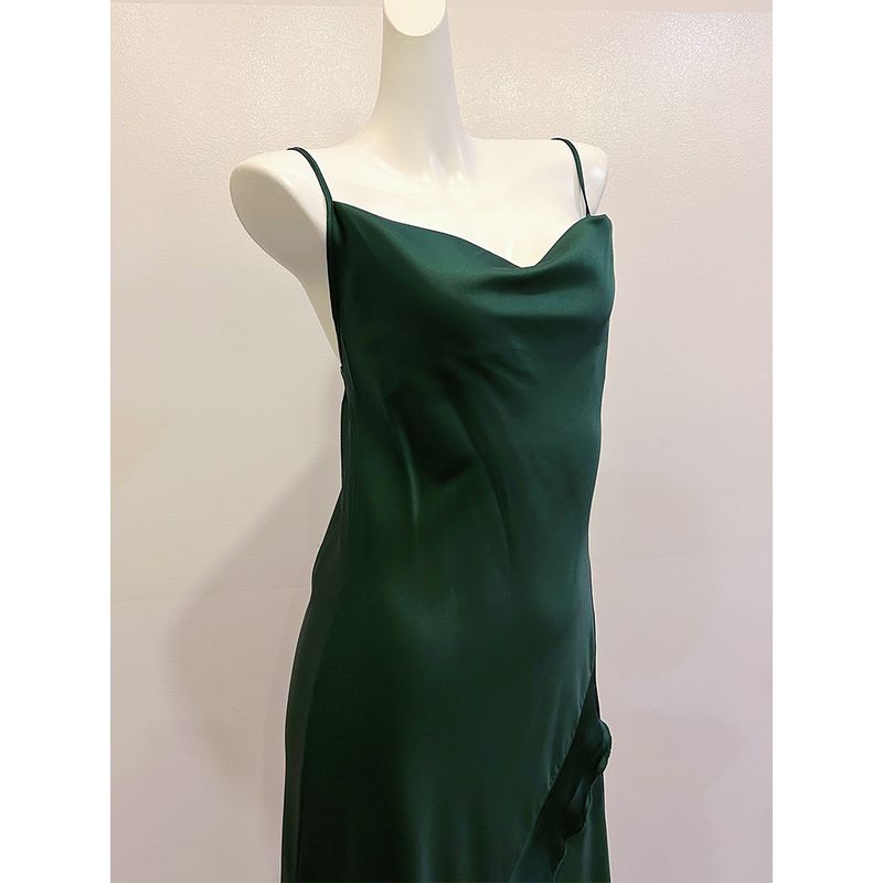 Good Morning with You Sexy French Style Swing Collar Dark Green Slip Nightdress Long to Ankle Satin Ice Silk Mermaid Dress Female