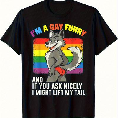 Herren Lustiges LGBTQ Pride T-Shirt Ich bin schwul Wenn du richtig fragst hebt sich der Schwanz Vermenschlichter Fuchs Regenbogen Text Schwarz Lässiges T-Shirt