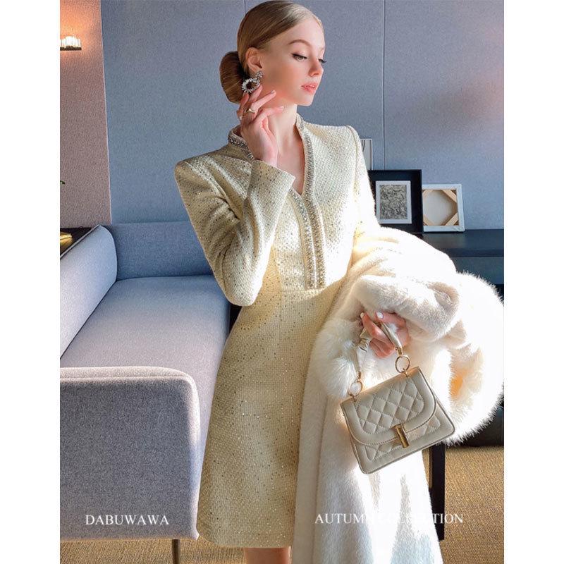 Autumn/Winter Celebrity Style V-Neck Slim Tweed Dress for Women