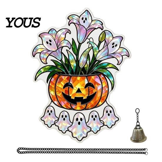 Pumpkin Party Decor Halloween Acrylic Hanging Decoration, Cartoon Ghost Ornament with Double Sided Bell, Suncatcher for Indoor Outdoor Holiday