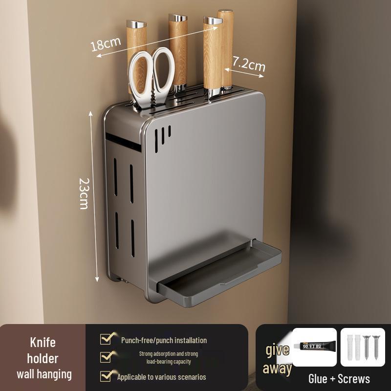 No-Drill Wall-Mounted Kitchen Storage Rack: Multifunctional Holder for Knives, Chopsticks, Pot Lids, and Seasoning Condiments