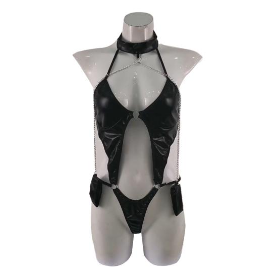 Women Sexy Bodysuit Low-cut Backless Sleeveless Lace Smooth Faux Leather Ring Hoop Decor