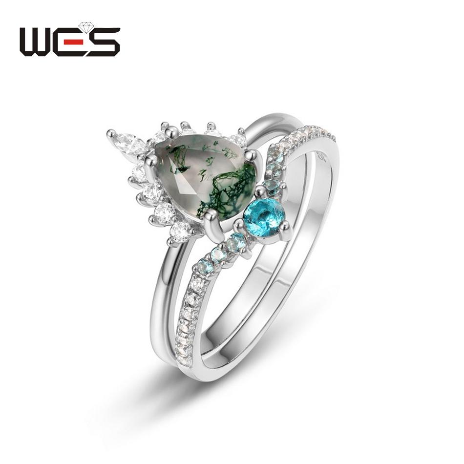 WES   CopperKite Cut Natural Moss Agate Gold Ring Sets For Woman Wedding Bridal Set Valentine Gift Jewelry