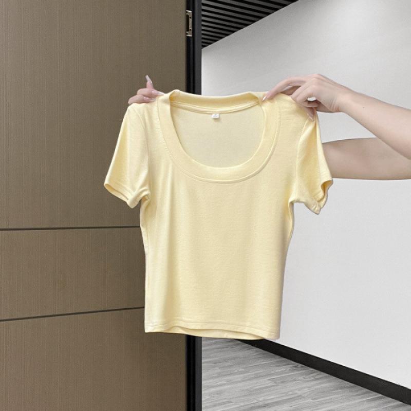 Тщательно подобранный желтый кроп-топ с короткими рукавами для женщин - Летний облегающий
