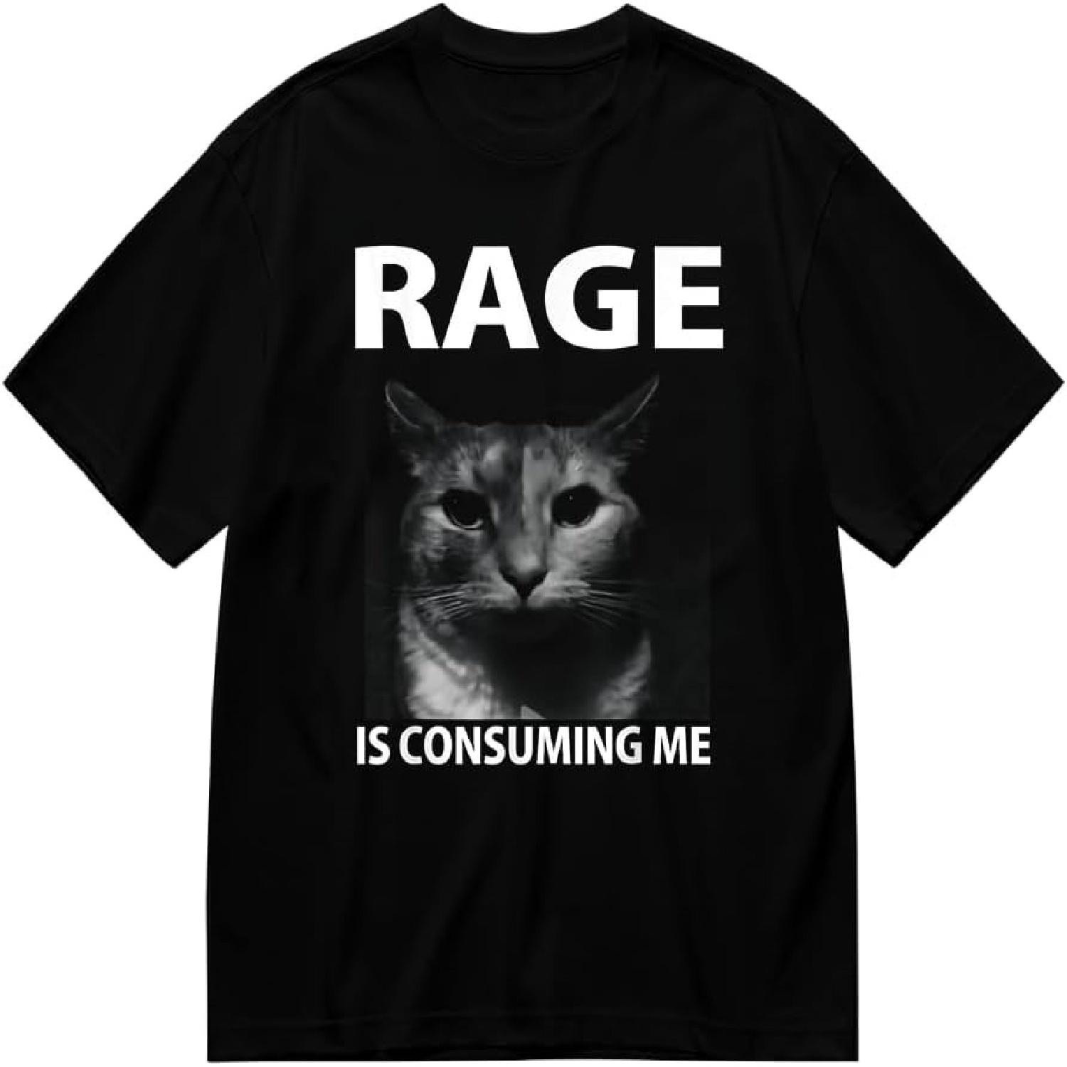 Ярость пожирает меня Забавная Глупая Смотрящая Кошка Мем Футболка с Круглым Вырезом и Короткими Рукавами Черный B S