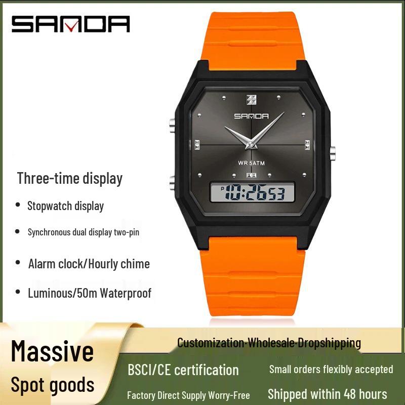 Sanda Waterproof Square Alarm Watch - Luminous Chronograph Sports Wristwatch for Students
