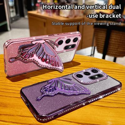 Diamond Glitter Liquid Quicksand Butterfly Phone Holder Case for Samsung Galaxy S25 S24 S23 S22 S21 S20 Ultra FE Plus Cover