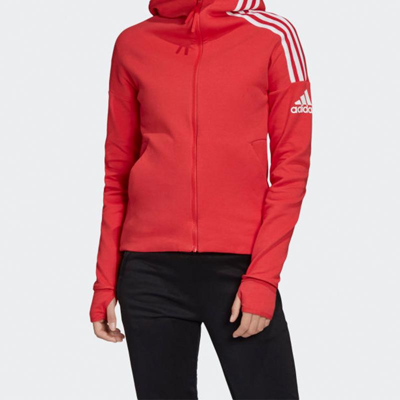 Adidas Three-Stripe Letter Print Hooded Jacket With Thumb Holes Women Jackets Red FL1958