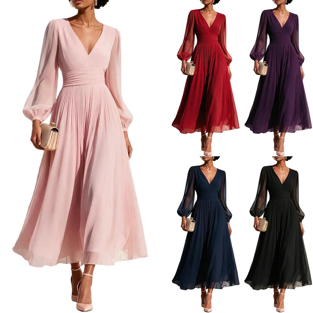Women's Deep V-Neck Long Sleeve Chiffon High Waist Pleated Maxi Dress