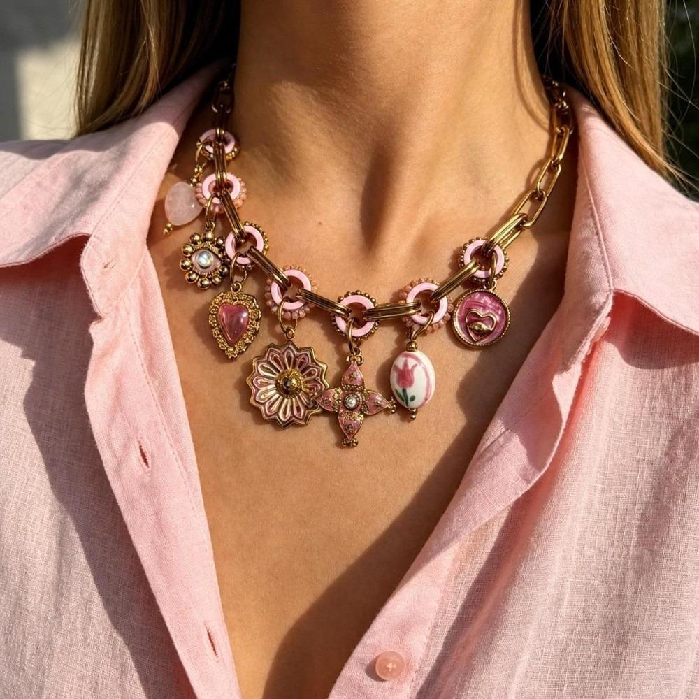 Adjustable Handmade Pendant Necklace Pink Enamel Boho Jewelry Elegant Multi Charms Necklace Women