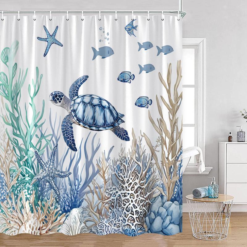 Blaue Meeresschildkröte Duschvorhänge Aquarell Seestern Fische Seegras Ozean Badevorhang Set Stoff Heim Badezimmer Dekoration mit Haken