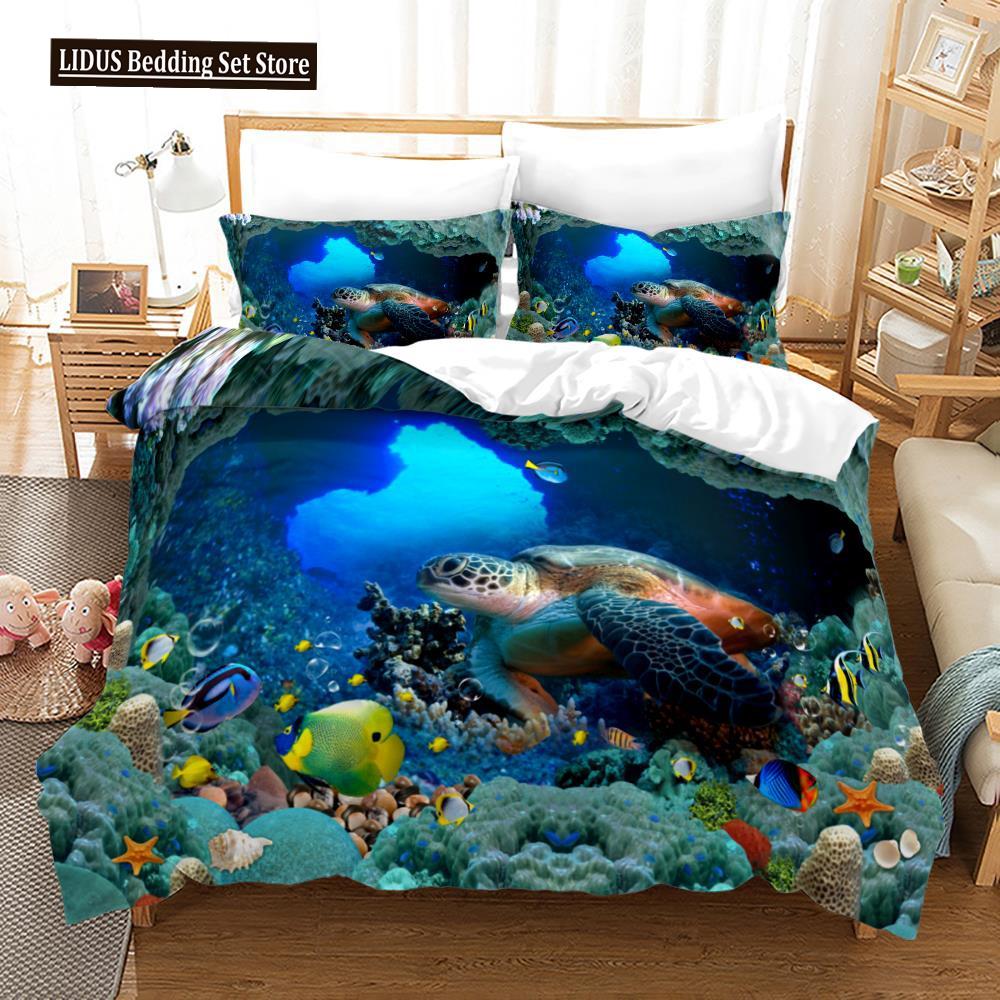 Ocean Duvet Cover Set Sea Turtle Ocean Animals Polyester Comforter Cover For Kids Children Boys Women King Queen With Pillowcase