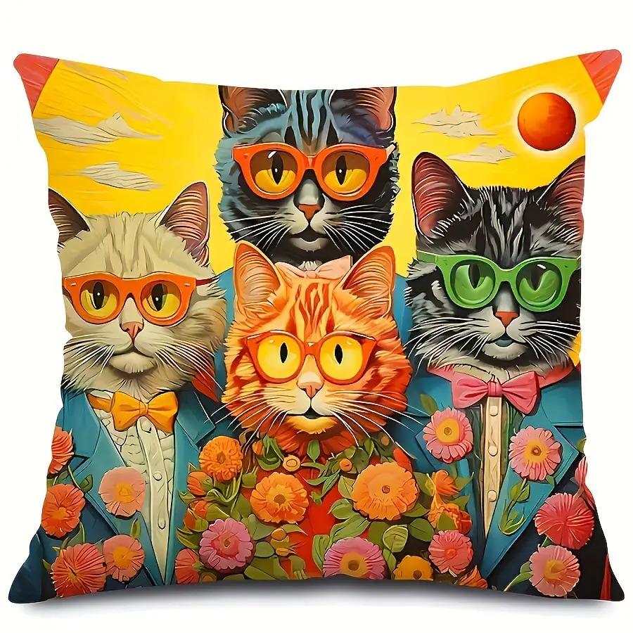 Retro Pop Style Cat Theme Digital Printing Pillow Cover Short Plush Suitable Living Rooms Bedrooms Sofas Throw Cushion Cover