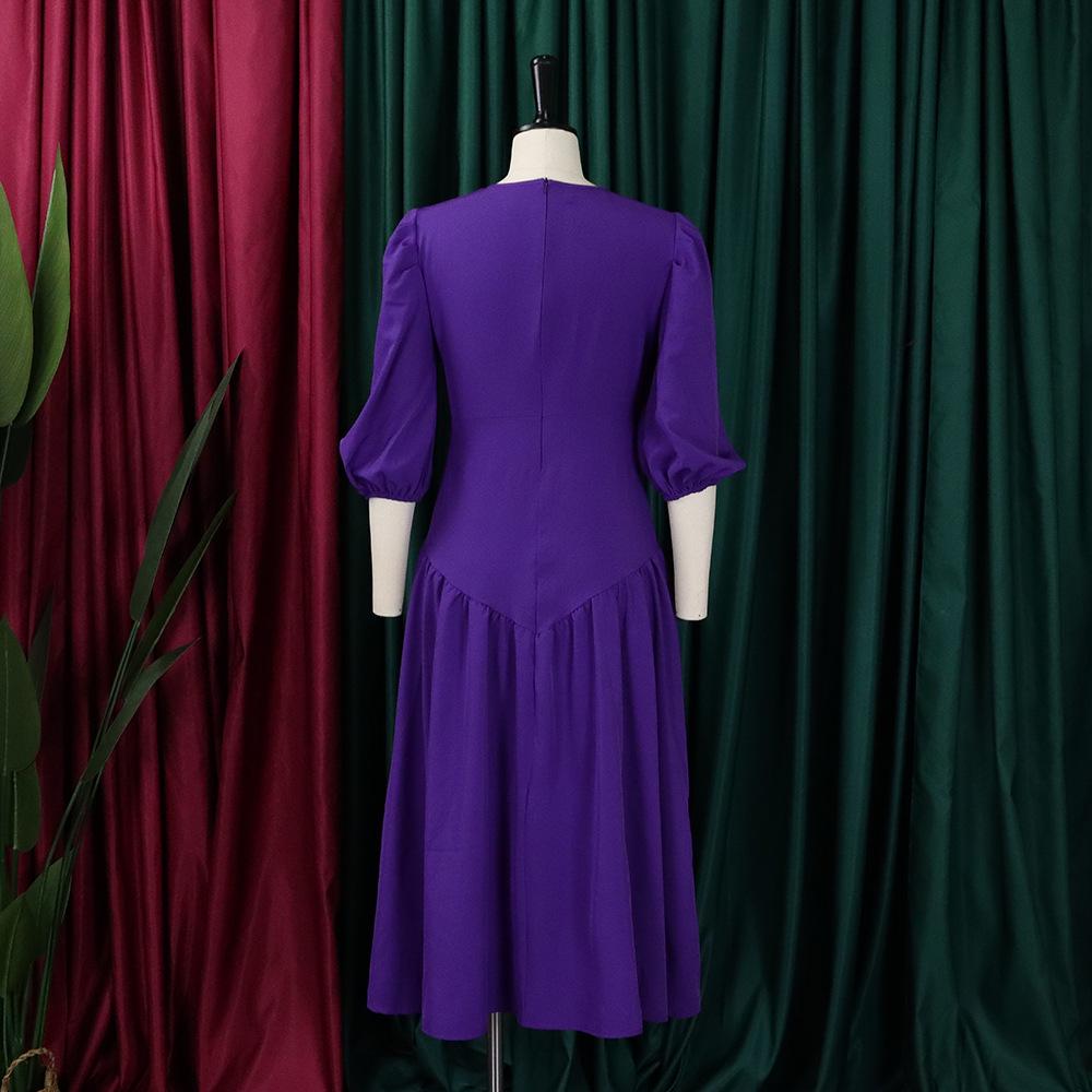 Pleated Puff Sleeve Plus Size Dress - European & American Fashion 2022