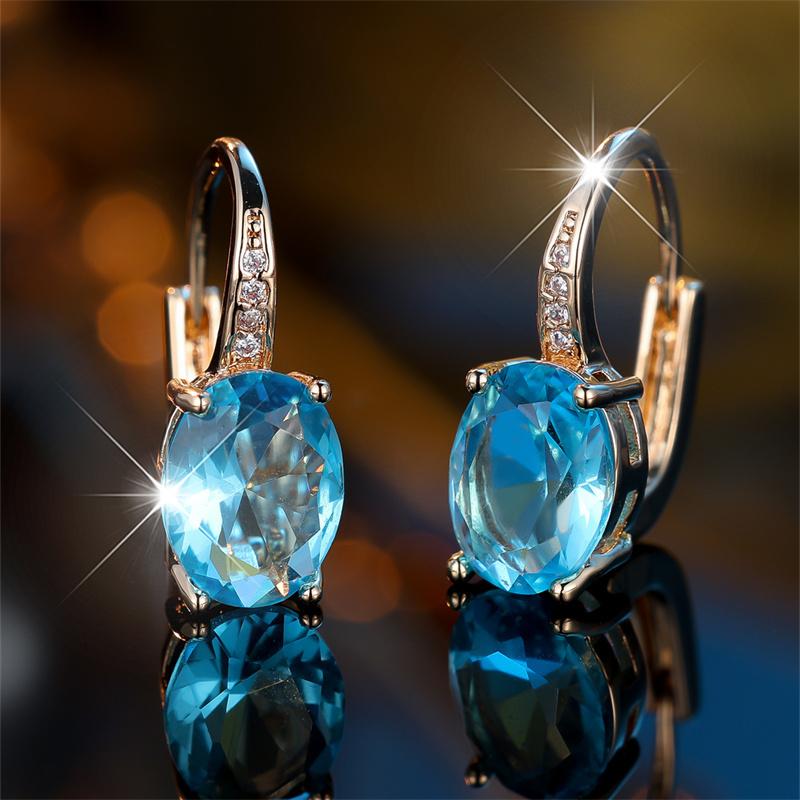 Fashion Golden Color Oval Cut Aqua Blue Stone Drop Earrings Valentine's Day Jewelry