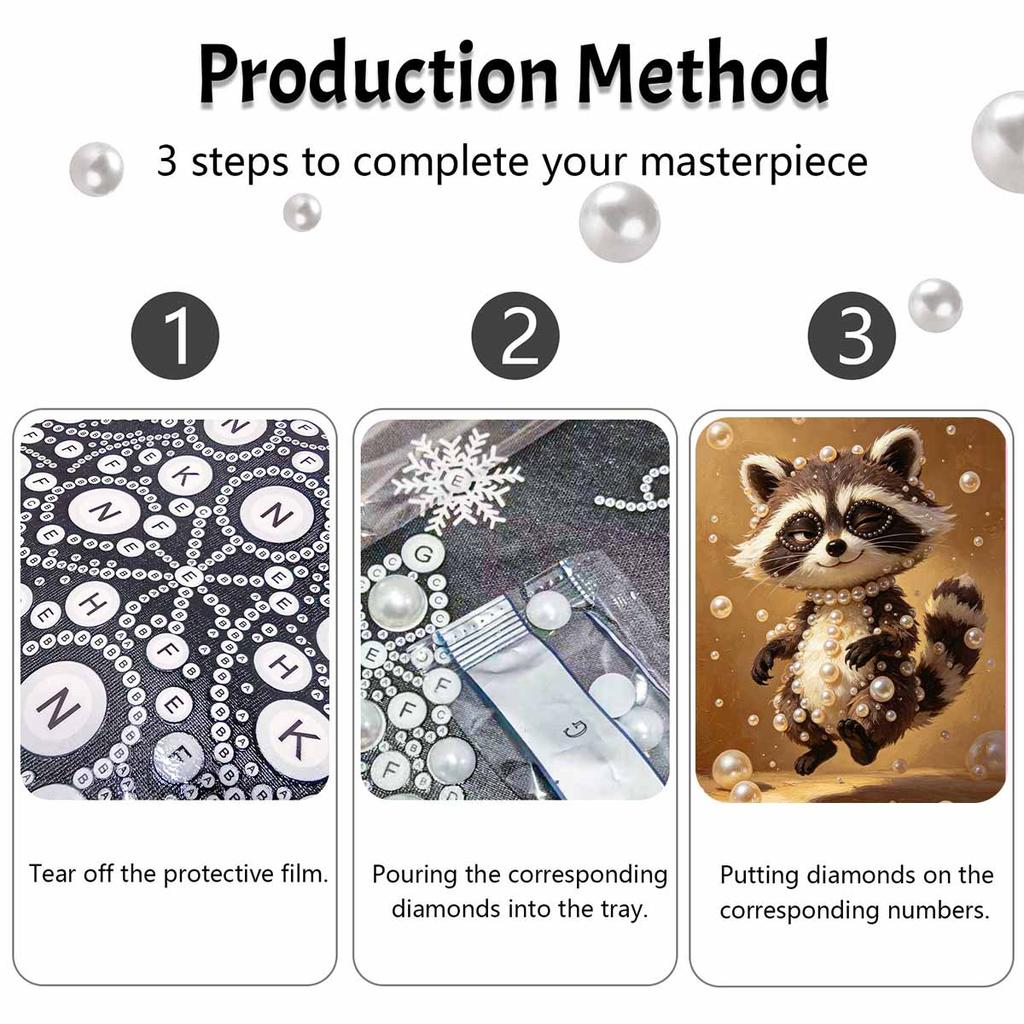 Adorable Raccoon with Pearls Framed Pearl Painting Kit DIY 3D Sparkling Bead Canvas Art Relaxing Handmade Craft Gift for Women