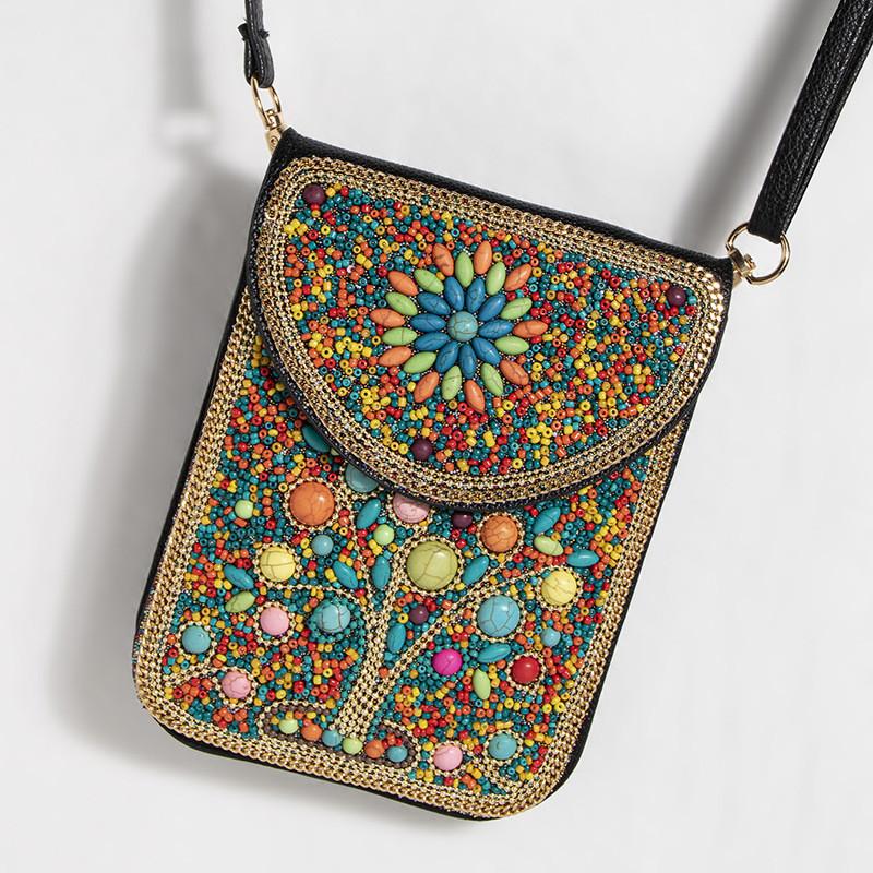 Bohemian Style Pu Flower Embellished Shoulder Bag With Magnet Closure For Daily Use