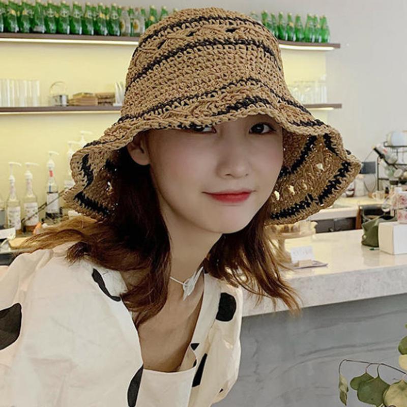 Striped Geometric Print Natural Straw Bucket Hats For Women Foldable Lightweight Sun Hatstravel & Vacation Essential