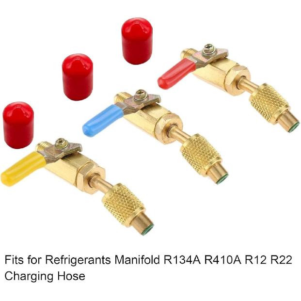 3PCS Air Conditioning Refrigerant Shut Valves 1/4" SAE Male to Female Fitting for R410A R134A R12 R22 R502 Charging Hose