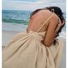 French Khaki Cotton Linen Breathable Halter High Waisted Dress Holiday Style Long Skirt Woman