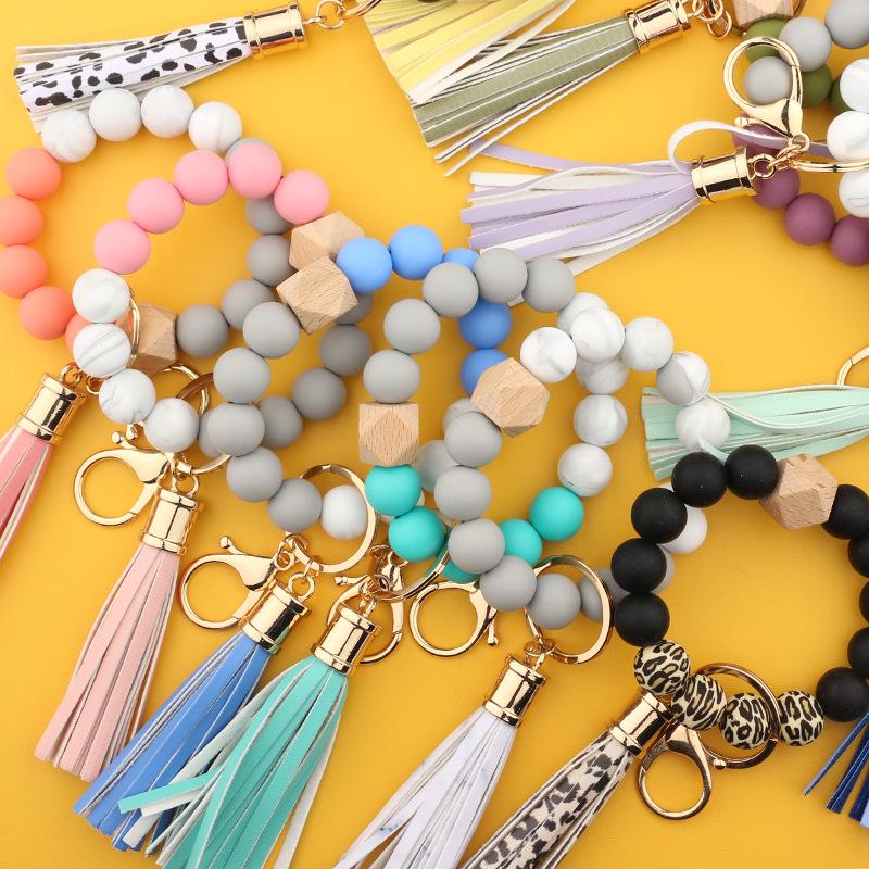 Silicone & Beech Wood Beaded Keychain Bracelet with Pendant