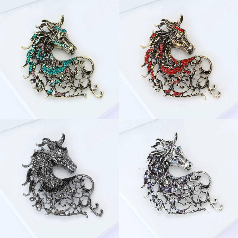 Hollow Out Rhinestone Horse Head Brooches Vintage Metal Badge Pin New Year Gifts