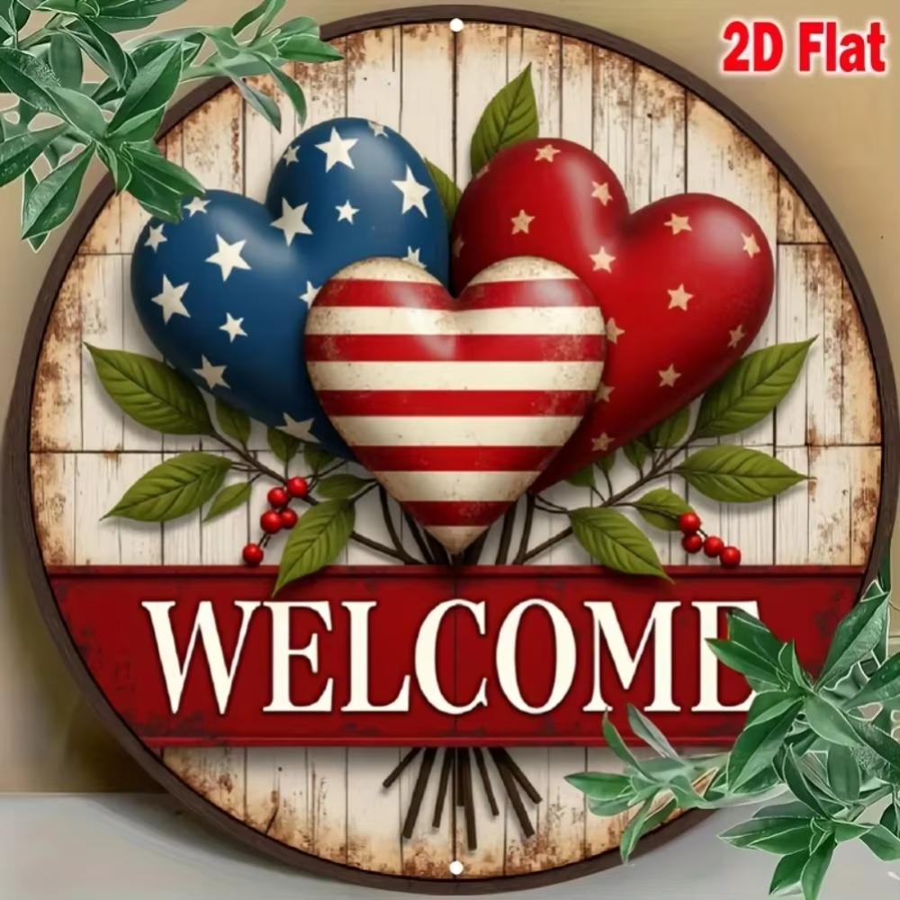 Metal Tin Sign Patriotic Welcome Heart Wall Art 2D Porch Decor Memorial Day Independence