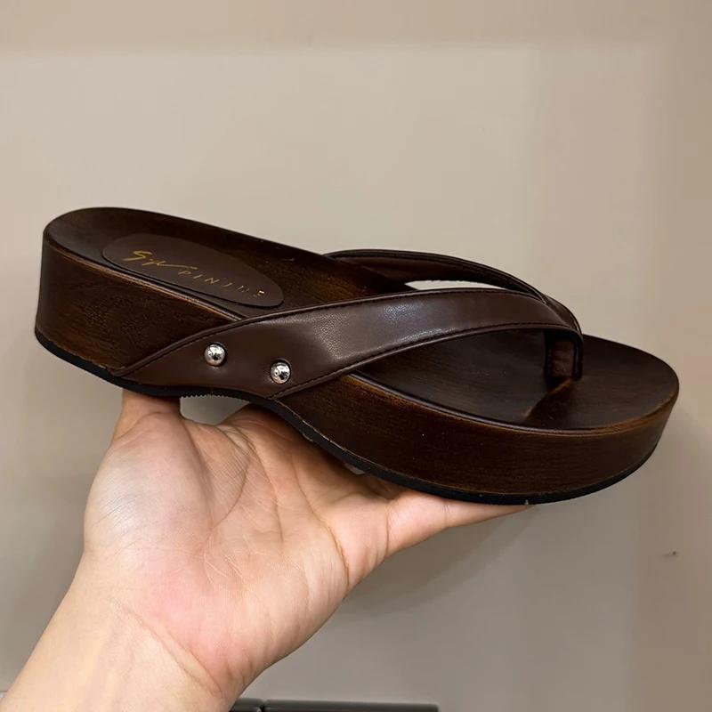 Fashion Women's Platform Slippers 2025 Summer New Japanese Retro Wood Grain Slippers Fashion Thick Sole Clip Toe Sandals Flip Flops