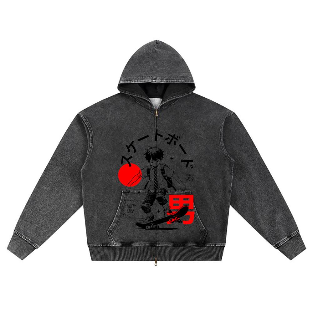 DTG Print Knitted Denim Zip-Up Hoodie Skateboarder Brother Print Zipper Hoodies  