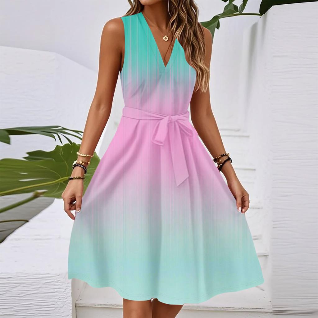 Women's Spring And Summer Casual V-Neck Sleeveless Waist Gradient Printed Midi Dress