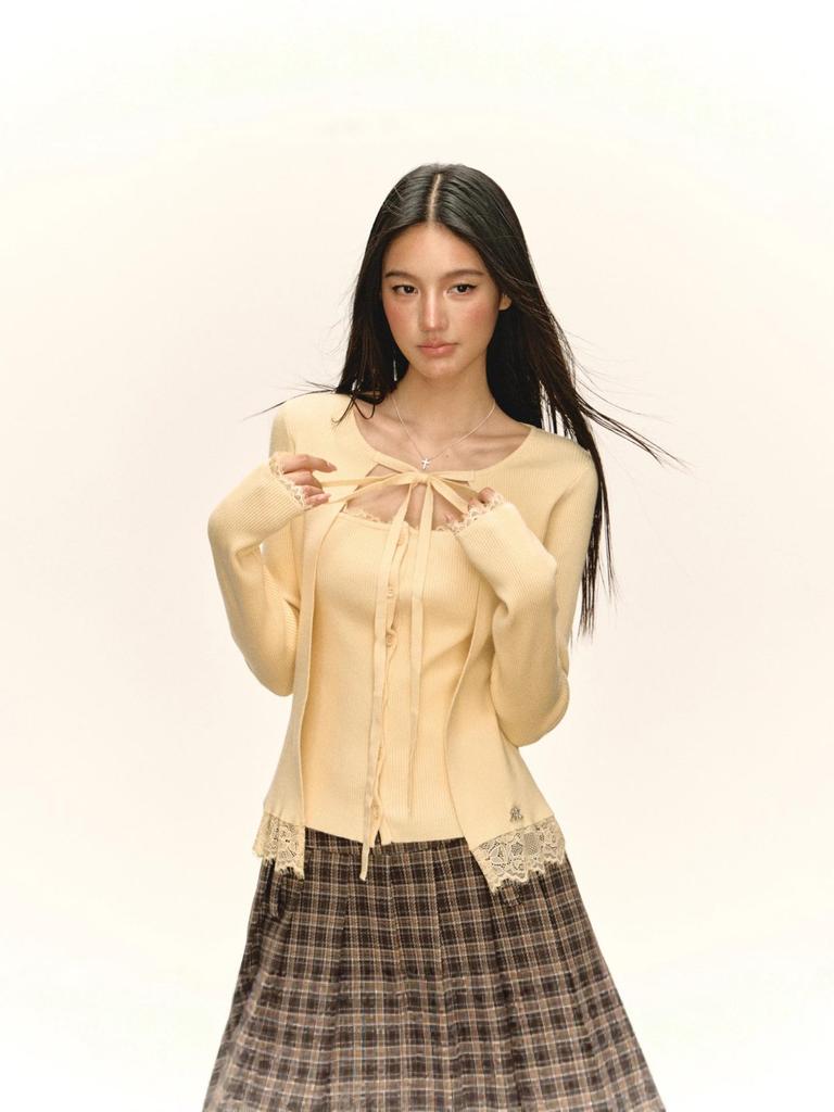 2025 Autumn/Winter European & American Hot Girl Patchwork Lace V-neck Knit Short Cardigan