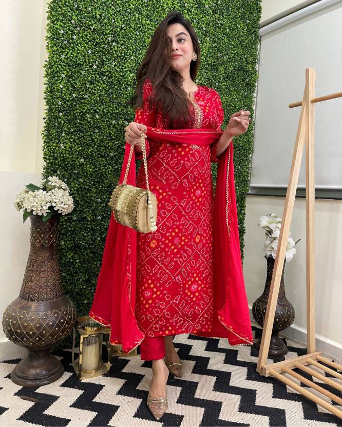 Bollywood Red Kurti Women Cotton Rayon Top Tunic Kurta Pant Dupatta Set Dress