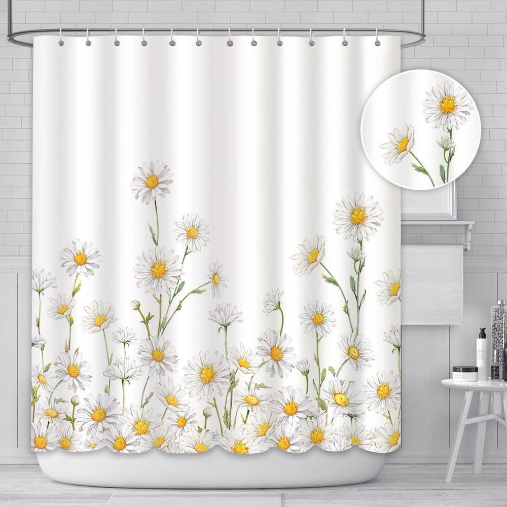 White Daisy Pattern Shower Curtain With Country Style Flower Design Bathroom Shower Curtain With 12 Hooks, Size 180 X 180Cm